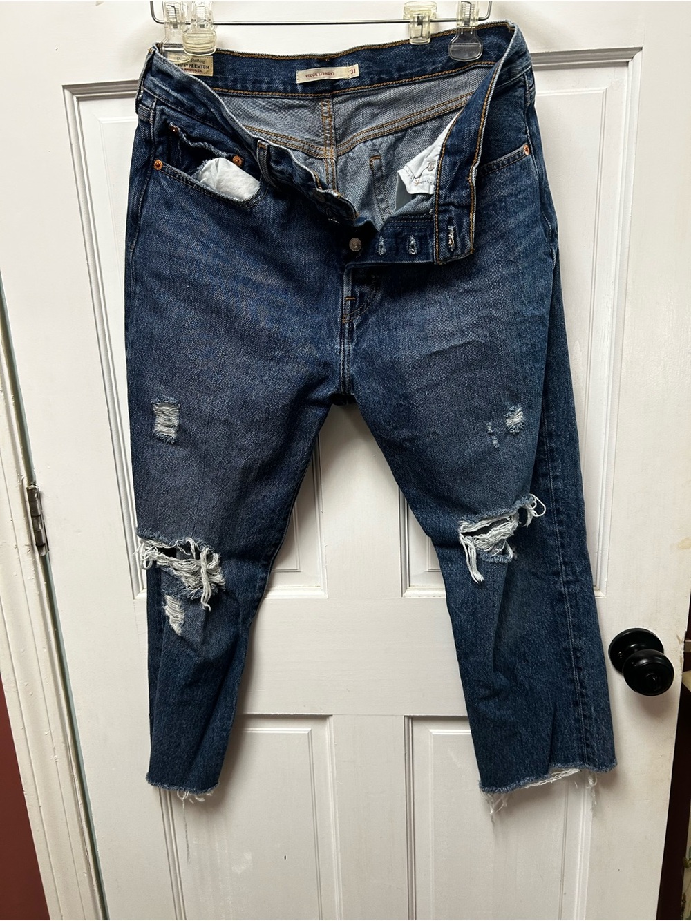 ***shortened** Levi's Dark Blue Distressed Straight-Leg Jeans